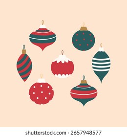 Adornos de Navidades sobre fondo aislado. Estilo plano de dibujos animados de Ilustración vectorial