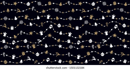 Christmas ornaments on rope line seamless pattern black background