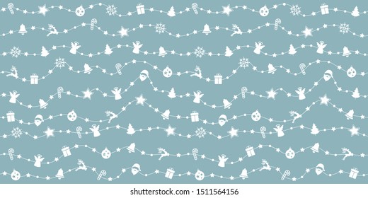 Christmas ornaments on rope line seamless pattern blue background