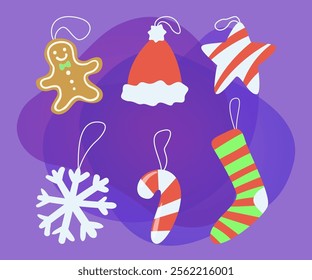 Christmas ornaments on strings vector illustrations set. Cartoon drawings of xmas toys in shape of gingerbread man, hat, star, snowflake on abstract background. Christmas, decoration concept