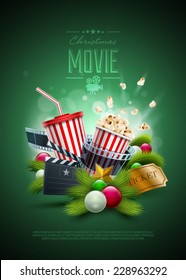 Christmas ornaments, Popcorn box; Disposable scup for beverages with straw, film strip and ticket. Detailed vector illustration. Poster design template. EPS10 file.