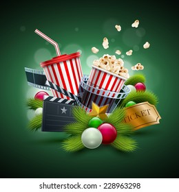 Christmas ornaments, Popcorn box; Disposable scup for beverages with straw, film strip and ticket. Detailed vector illustration. EPS10 file.