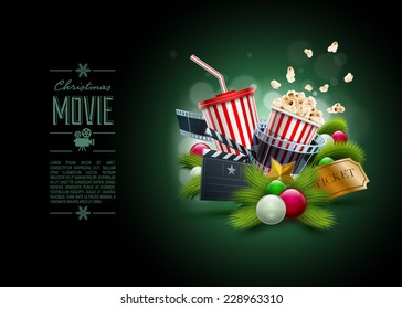 Christmas ornaments, Popcorn box; Disposable scup for beverages with straw, film strip and ticket. Detailed vector illustration. Poster design template. EPS10 file.