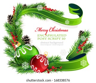 Christmas ornaments with ribbon and fir tree branches on white background