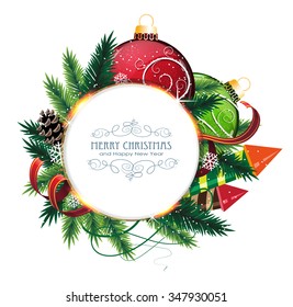 Christmas ornaments with ribbon and fir tree branches on white background. 
Christmas card with round place for text