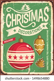 Christmas ornaments sale vintage tin sign. Hanging Christmas baubles on retro green background. Festive decorations for holiday event. Vector illustration.