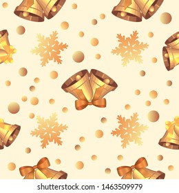 Christmas ornaments seamless pattern background. Repeated retro Christmas texture. Vector print for fabric, gift wrap, packaging, card, banner, scrap booking.Golden bells on a light background.Eps10
