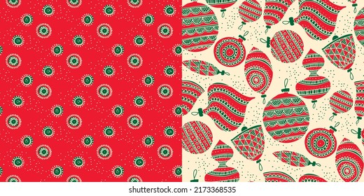 Christmas ornaments seamless pattern in classic Xmas red and green colors. Vector Christmas rapport or motif for print, textile, fabric, sublimation, wrap, wrapping paper, web and print.