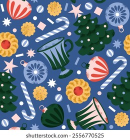 Christmas ornaments seamless pattern. Cup with Christmas tree and cookies with sugar cane. Vector illustration.