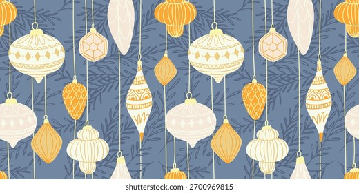 Natal ornamentos sem emenda padrão. Bolhas douradas e brancas sobre fundo azul