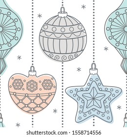 Christmas ornaments seamless pattern. Graphical lines coloring  pastel colors. Scandinavian style. Vector illustration.