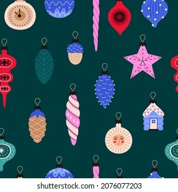 Christmas ornaments. Seamless pattern of New Year's toys for the Christmas tree. Vintage old toys. Vector illustration.