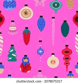 Ornamentos de Navidad. Patrón sin problemas de juguetes de Año Nuevo para el árbol de Navidad. Juguetes antiguos de época. Ilustración vectorial.