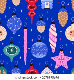 Christmas ornaments. Seamless pattern of New Year's toys for the Christmas tree. Vintage old toys. Vector illustration.