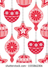 Christmas ornaments seamless pattern. Red and white winter background. Vector illustration.