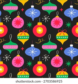Christmas ornaments seamless pattern in retro style. Ideal for textile, wallpaper, fabric prints or wrapping paper. Colorful vector illustration.