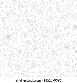 Christmas ornaments seamless pattern. Subtle grey doodle style vector illustration pattern for surface, t shirt design, print, poster, icon, web, graphic designs. 