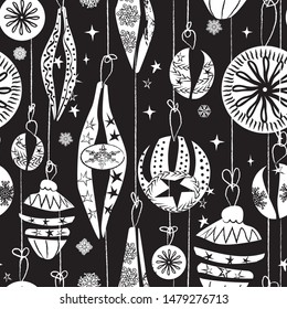 Christmas ornaments seamless pattern. Yuletide illustration of retro Christmas tree baubles. For wrapping paper, fabric, packaging. Vector