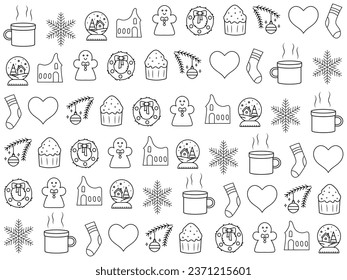 Christmas ornaments set with balls, snowflakes, hats, star, Christmas tree, orange, sock, gift, drink and garlands. 