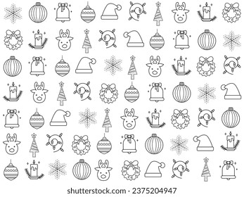 Christmas ornaments set with balls, snowflakes, hats, star, Christmas tree, orange, sock, gift, drink and garlands. Vector icons for business and holidays