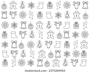 Christmas ornaments set with balls, snowflakes, hats, star, Christmas tree, orange, sock, gift, drink and garlands. Vector icons for business and holidays