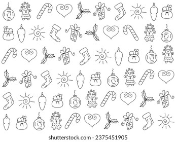Christmas ornaments set with balls, snowflakes, hats, star, Christmas tree, orange, sock, gift, drink and garlands. Vector icons for business and holidays