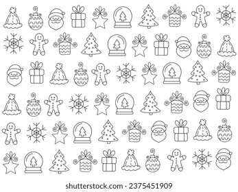 Christmas ornaments set with balls, snowflakes, hats, star, Christmas tree, orange, sock, gift, drink and garlands. Vector icons for business and holidays