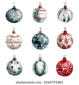  Christmas ornaments set featuring unique designs with festive patterns and colors. Perfect for holiday decorations, greeting cards, and seasonal projects. 