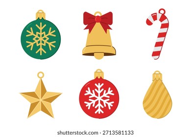Christmas ornaments set includes ball, snowflake, teardrop, star, bell with bow, candy cane vector design.