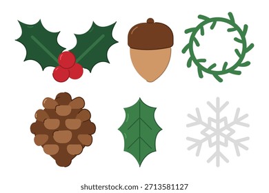Christmas ornaments set includes pinecone, green leaf, snowflake, acorn, holly leaves, twig wreath ornament vector design.