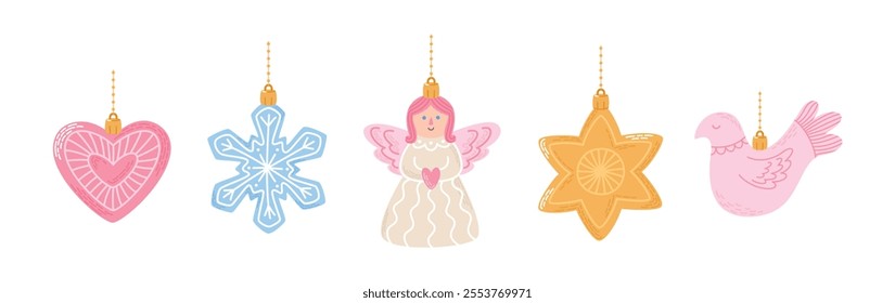 Christmas ornaments set. Various Christmas tree decorations collection. Vector illustrations isolated on white background