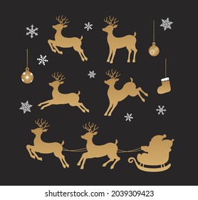 Christmas ornaments silhouette vector illustration set (reindeer, Santa claus etc. ) | gold color