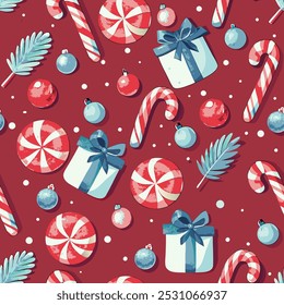 christmas ornaments, snow, candy cane, presents, red background, vector seamless pattern