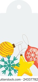 Christmas ornaments tag design displaying colorful holiday decorations. Snowflake, bauble, star shapes festive season celebration. Graphic elements, isolated white background appealing winter themes