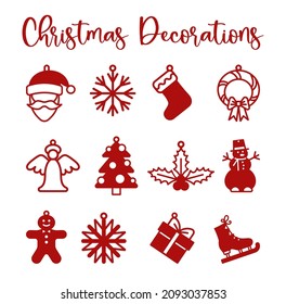 Christmas ornaments templale for laser cutting. Christmas wreath, Santa, ice skates, Christmas tree and other. For cutting from various materials. For cards, invitations, interior elements, etc.