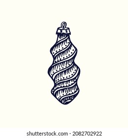 Christmas ornaments (Christmas tree balls) vintage spiral shape. Ink black and white doodle drawing in woodcut style.