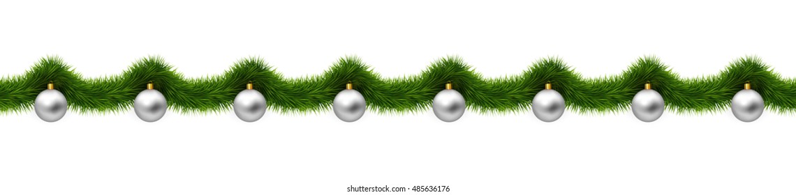 Christmas ornaments and tree branches. Horizontal seamless vector xmas background.
