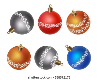 Christmas ornaments and typographic design. Set of Bright Colorful Christmas Balls. New Year's Toys silver, red, blue and gold with an ornament