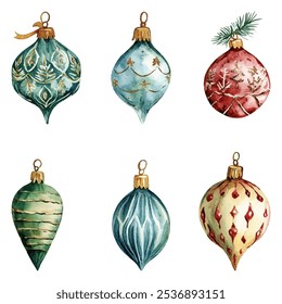 Christmas ornaments in various shapes and colors, perfect for holiday decorations. Each ornament features intricate designs and festive details, adding a touch of elegance to any Christmas tree.