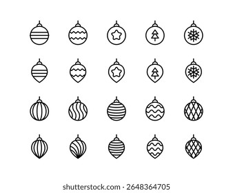 Christmas Ornaments Vector Icon Set | Adjustable Line Weight | Baubles, decorations, tree, festive, holiday, snowflake, star, striped, pattern, winter, celebration icons