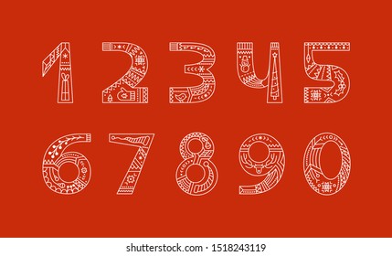 Christmas ornaments vector outline numbers set. Ten symbols with thin doodle pattern. Numbers from zero to nine with festive linear pattern. New Year, winter season holidays design elements