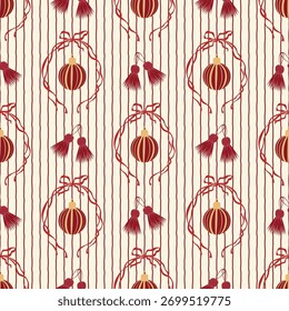Christmas ornaments vector seamless pattern. Maroon red xmas baubles, festive tassels and ribbons on striped background. Luxurious trendy winter holiday decorations repeat design in burgundy colors