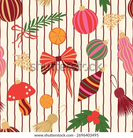Christmas ornaments vector seamless pattern. Bright xmas baubles, mushroom decoration, festive tassels, ribbon bows on light striped background. Colorful winter holiday maximalist decor repeat design