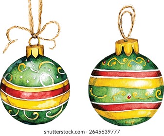 Christmas Ornaments Watercolor  - Green and Gold Baubles vector illustration