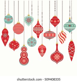 Christmas Ornaments,Christmas Balls Decorations, Christmas Hanging Decoration set.Vector illustration.
