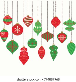 Christmas Ornaments,Christmas Balls Decorations, Christmas Hanging Decoration Collection.Vector illustration.