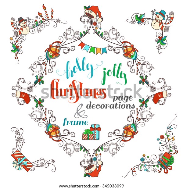 Christmas ornate frame and page corner decorations\
isolated on white background. Christmas baubles, snowmen, candy\
canes, garland, Santa socks and hats, holly berries and candles,\
music notes. 