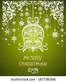 Christmas ornate greeting green card with floral craft decoration, hanging snowflakes and paper cutting jingle bell