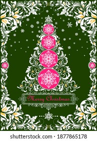 Christmas ornate greeting green card with floral craft decorative vignette and paper cutting Xmas tree