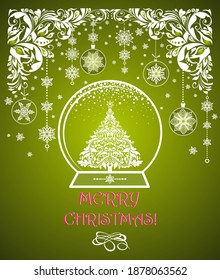 Christmas ornate greeting green card with floral craft decoration, hanging garland with snowflakes and paper cutting globe with Xmas tree